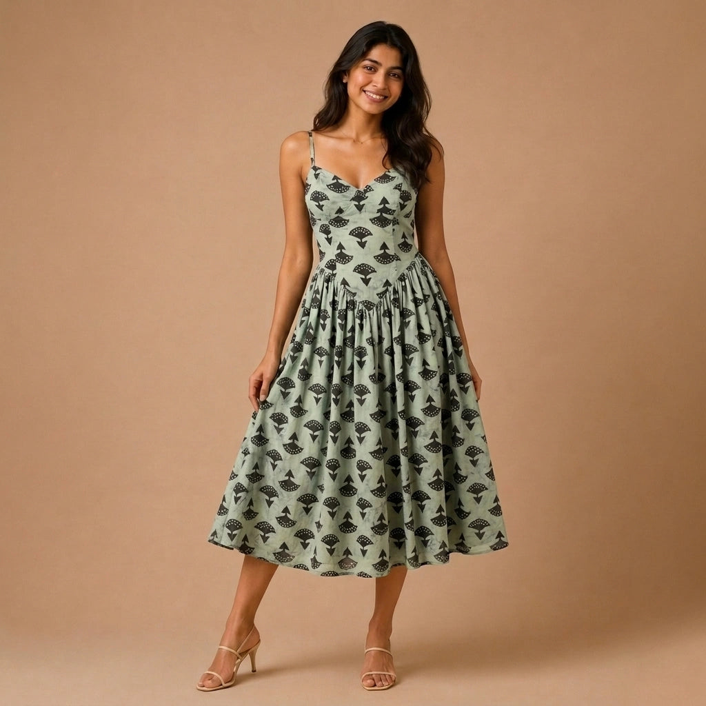 Jessica | Sweetheart Neck Brown Floral Bud Printed Cotton CinchFit™ Dress