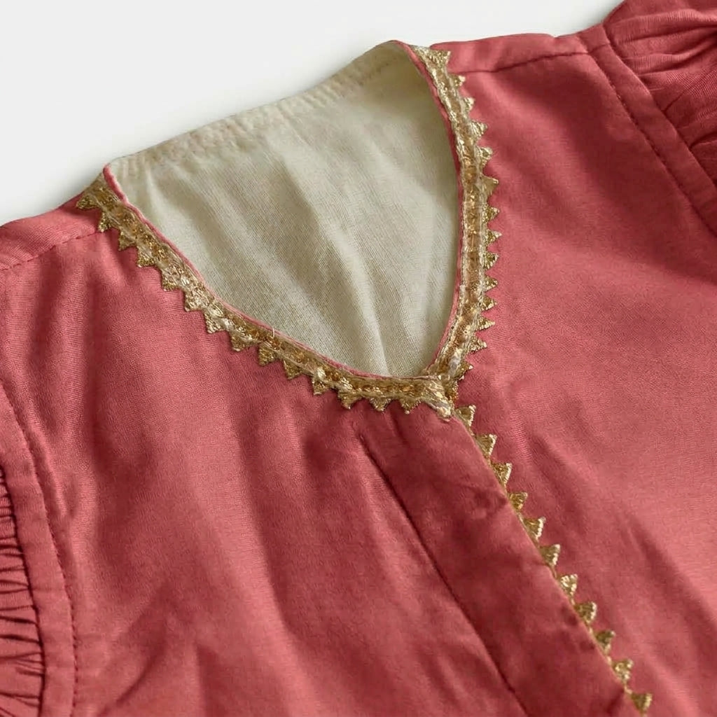 Gilheri x Tyohaar | Rose Pink & White Chandheri-Organza Ruffle Sleeve Lehenga Set