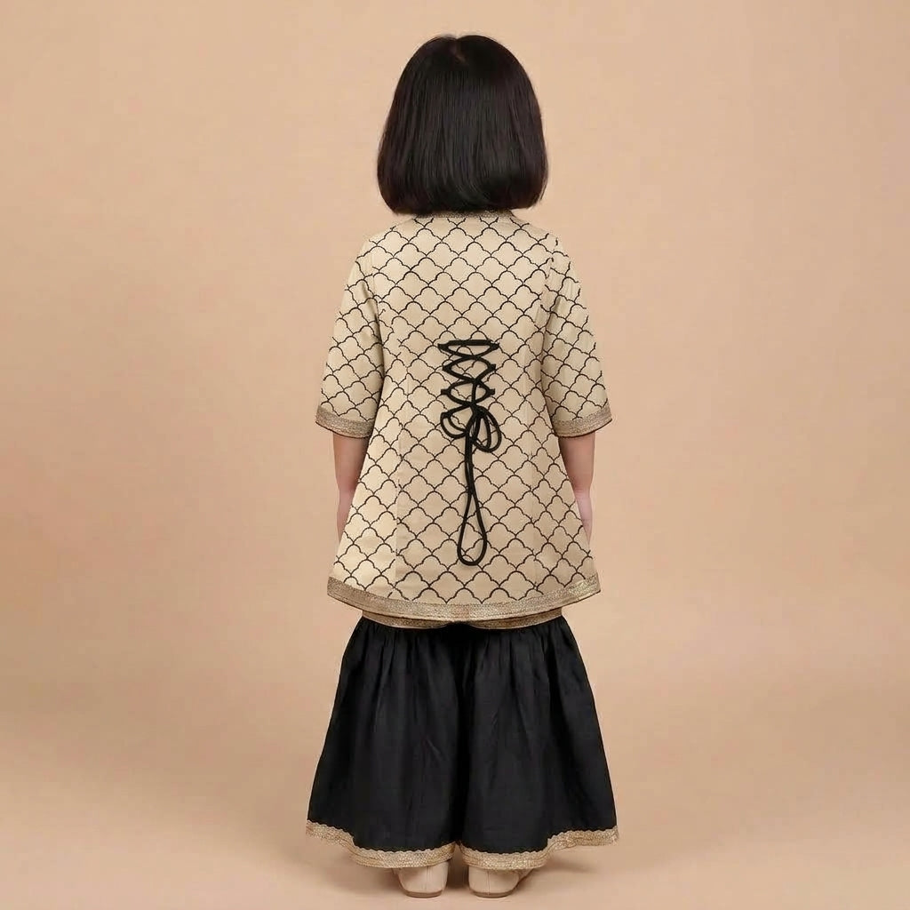 Mimi x Tyohaar | Angrakha-Sharara Set in Cream Fishscale Block Print Cotton