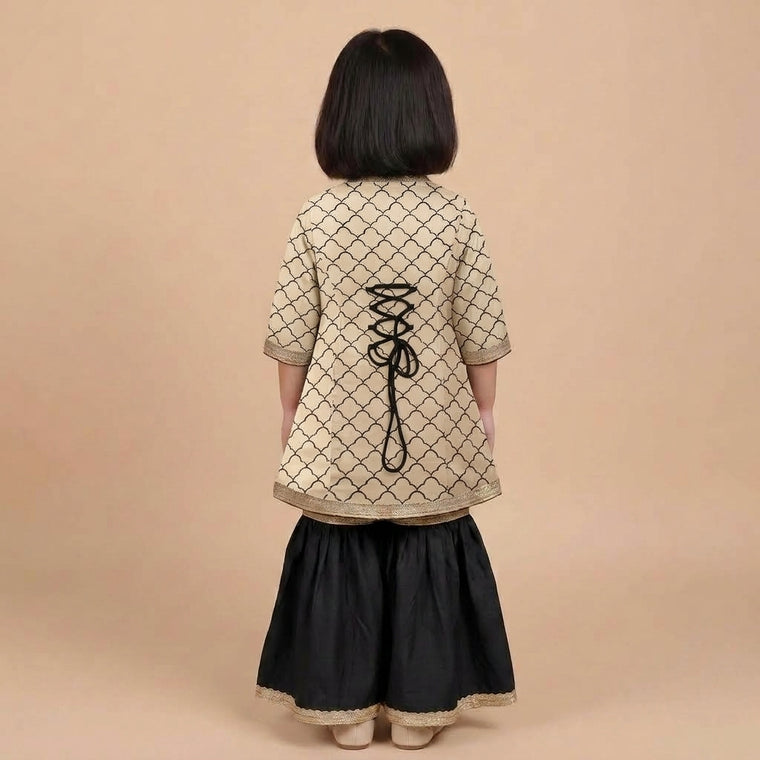 Mimi x Tyohaar | Angrakha-Sharara Set in Cream Fishscale Block Print Cotton