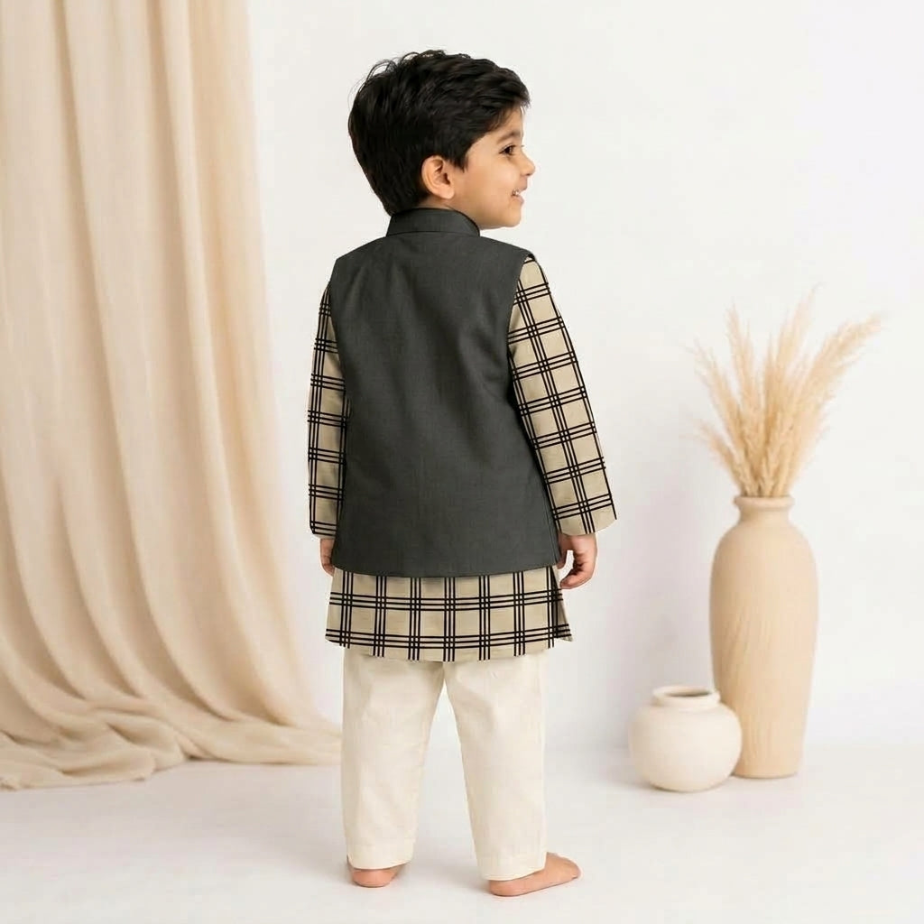 Jojo x Tyohaar | Kurta Pant & Jacket Set in Cream Windowpane Check Block Print Cotton & Linen