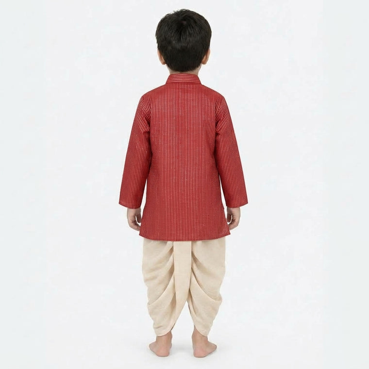 Kairav x Tyohaar | Kurta & Dhoti Pant Set in Red Silver Stripe Cotton & Linen