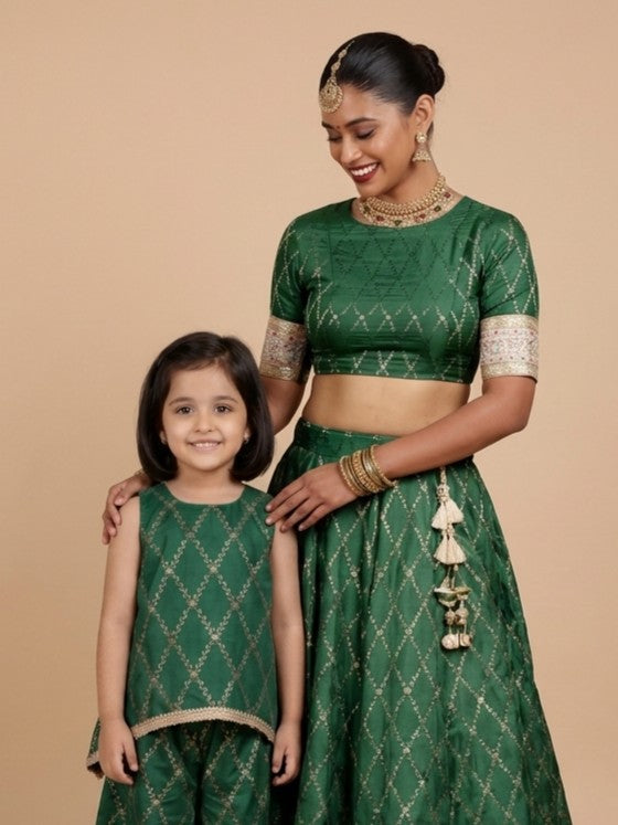 Mommy&Me | Poppy + Kashvi Emerald Green Vine Mesh Brocade Kurta Set & Saree Blouse Combo