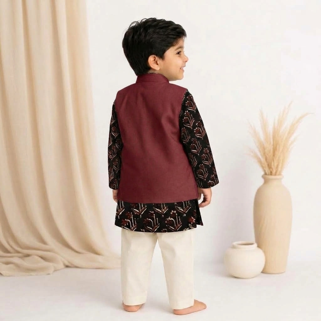 Darsh x Tyohaar | Kurta Pant & Jacket Set in Midnight Lily Block Print Cotton & Linen