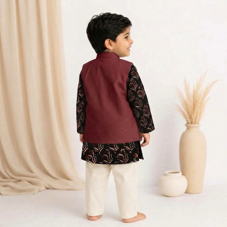 Darsh x Tyohaar | Kurta Pant & Jacket Set in Midnight Lily Block Print Cotton & Linen