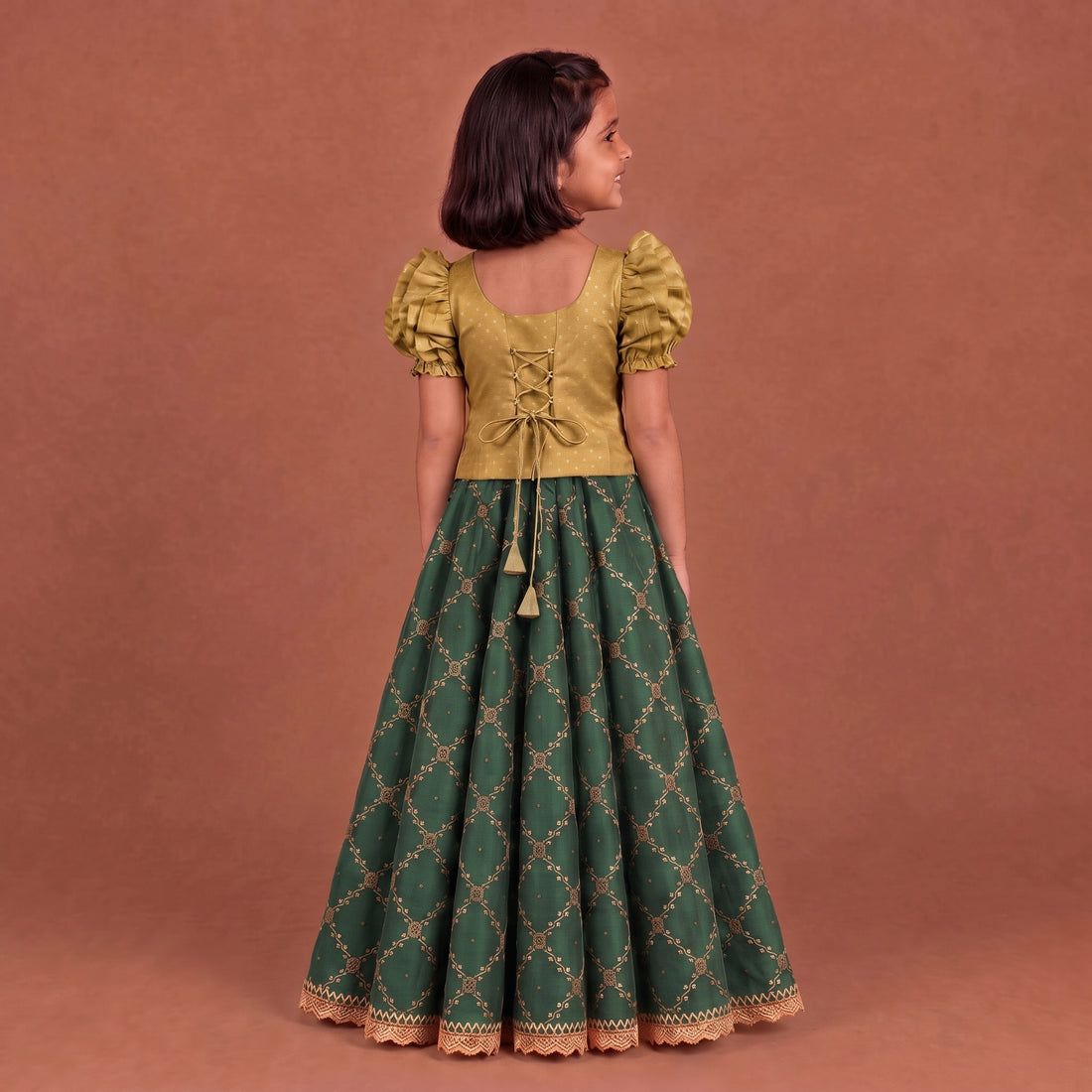 Timtim x Tyohaar | Gold & Dark Green Chandheri-Brocade Ruffle Sleeve Lehenga Set