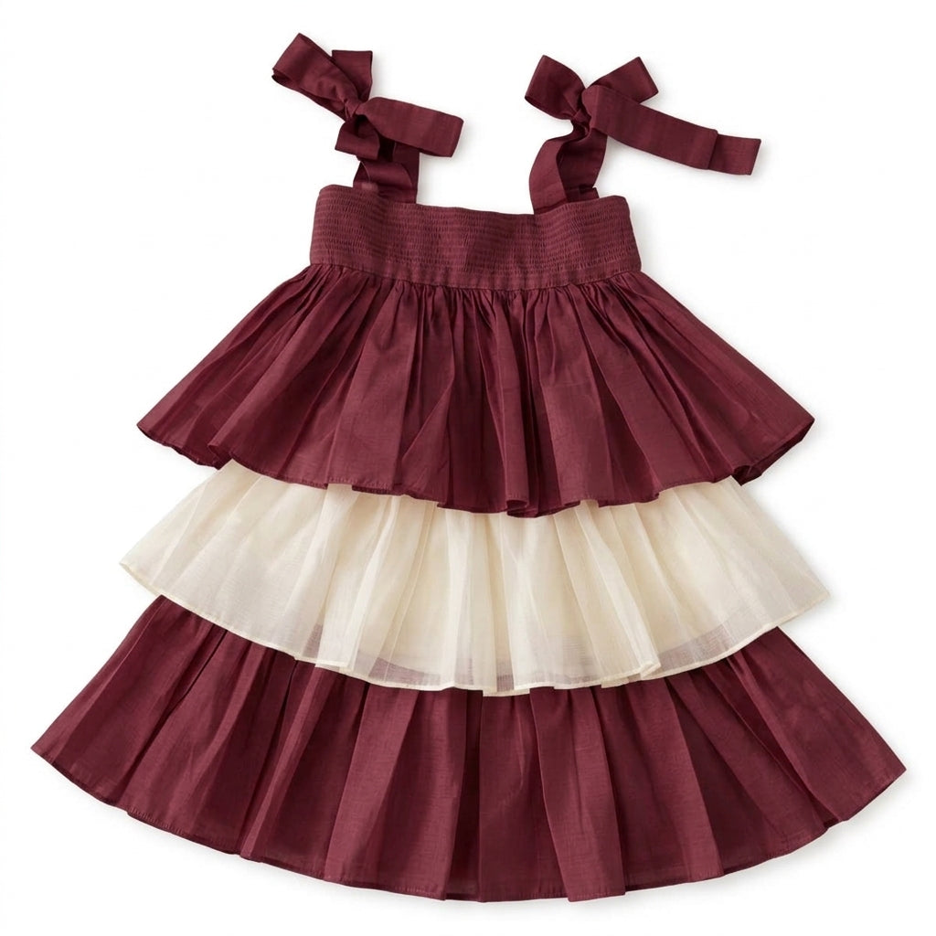 Evie x Tyohaar | Tiered Skirt & Top Set in Burgundy Chanderi