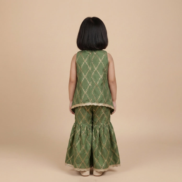 Poppy x Tyohaar | Deep Olive Vine Mesh Brocade Tent Style Kurta & Flared Pant Set