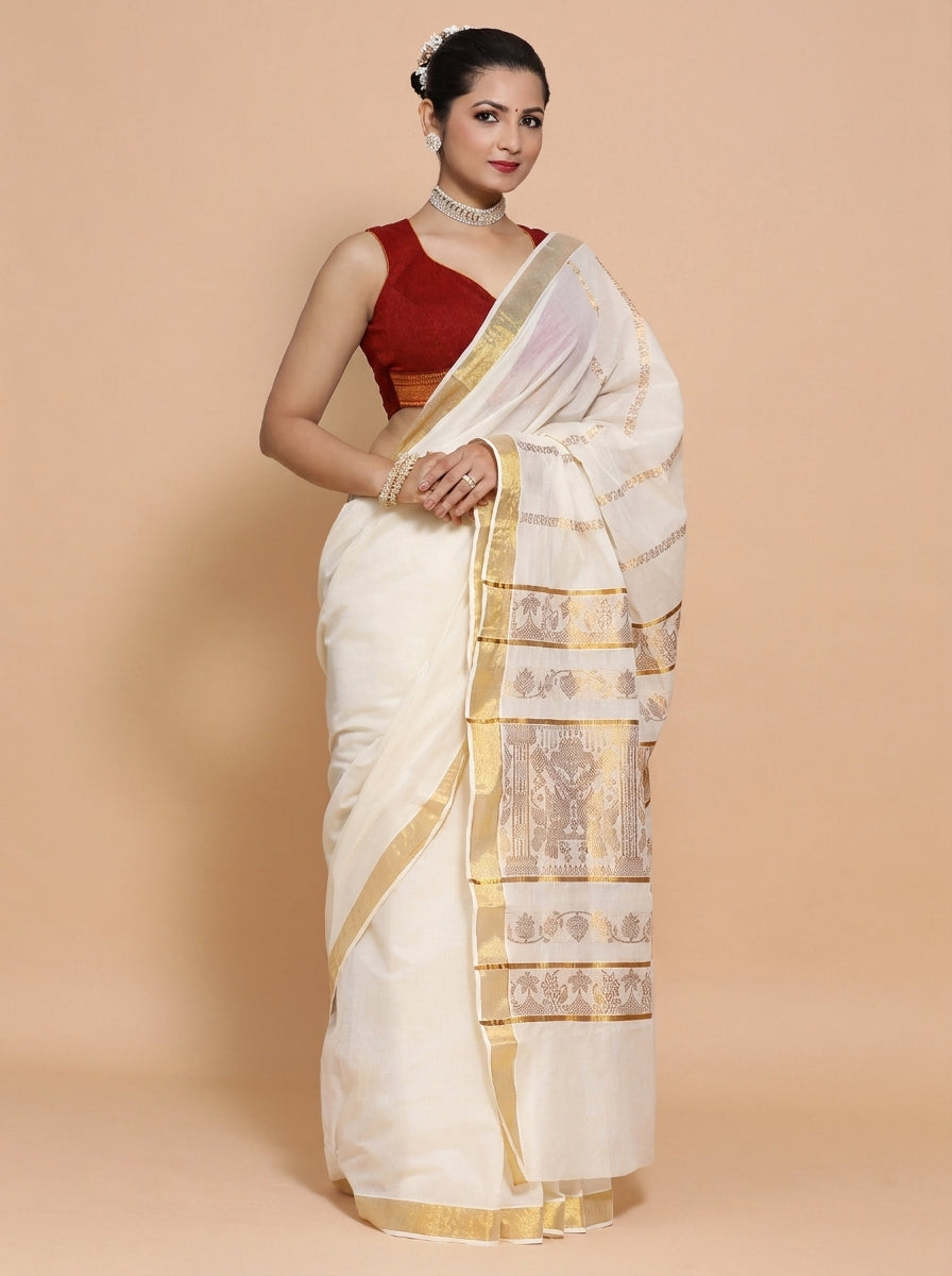 Kasavu-Kit Kasavu Saree with Varsha Sleeveless blouse in Chilli Red Mangalgiri