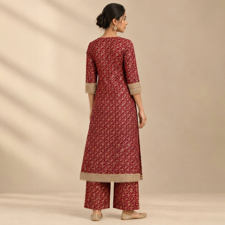 Saubhagya | Red Ochre Floral Jaal Brocade Kurta Set with Dupatta