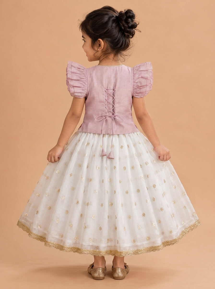 Gilheri x Tyohaar | Lavender & White Chandheri-Organza Ruffle Sleeve Lehenga Set