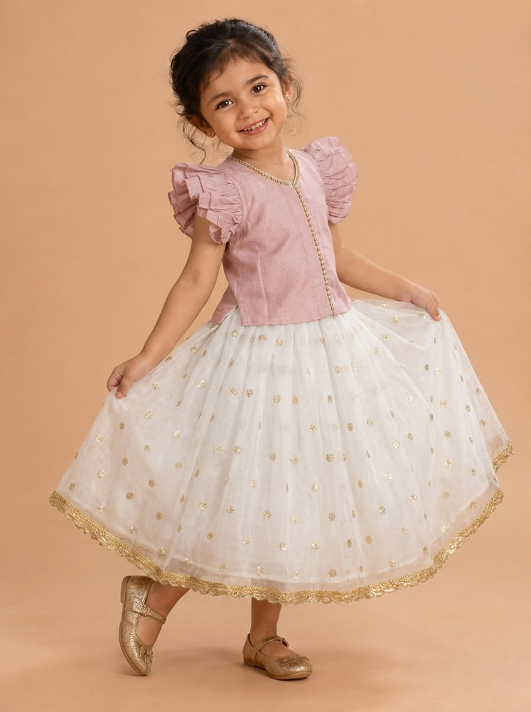 Gilheri x Tyohaar | Lavender & White Chandheri-Organza Ruffle Sleeve Lehenga Set