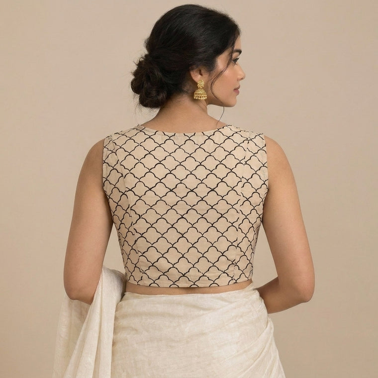 Madhvi Mood | 2-Way Zipper Sleeveless Cream Fishscale Handblock Printed Handblock Printed Cotton FlexiFitFit™ Saree Blouse