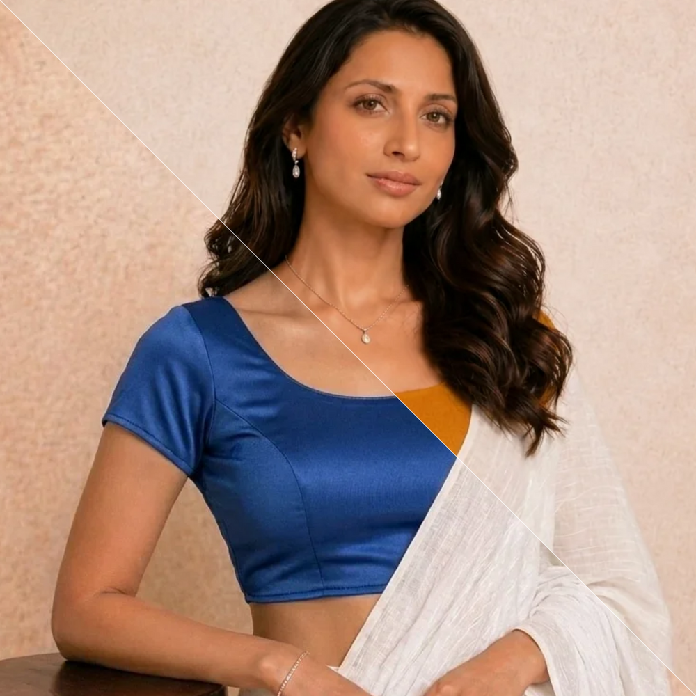 Dohra | Duet Reversible StretchFit Blouse | Deep Cobalt Satin Lycra + Marigold Orange Rayon Lycra