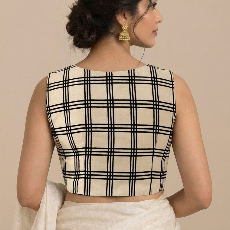 Madhvi Mood | 2-Way Zipper Sleeveless Cream Windowpane Check Handblock Printed Handblock Printed Cotton FlexiFitFit™ Saree Blouse