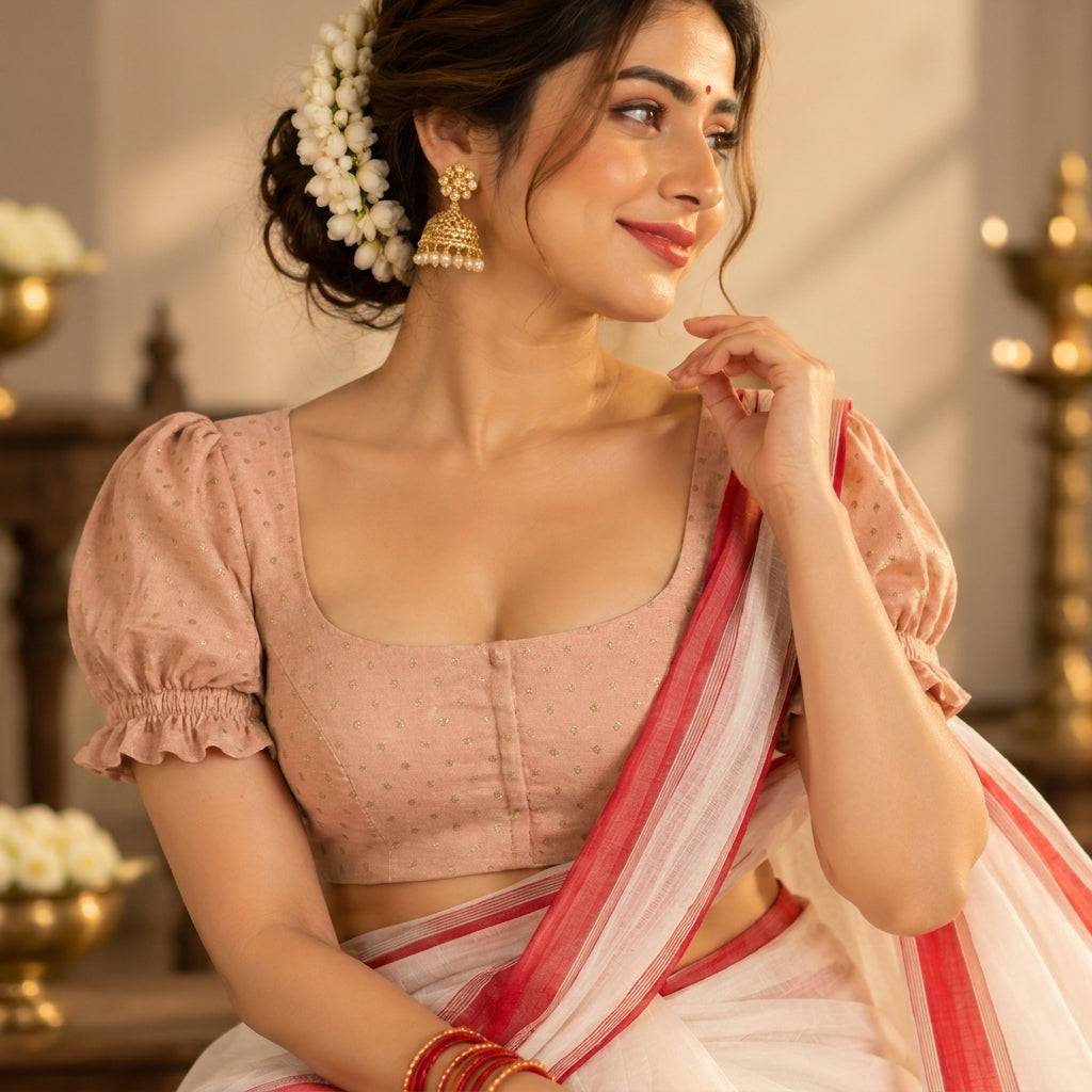 Durga | Puff Sleeve Embroidered Muted Copper Foil Chandheri SculptFit™ Saree Blouse