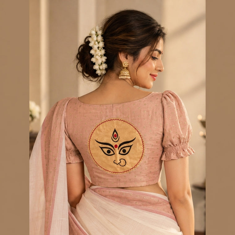 Durga | Puff Sleeve Embroidered Muted Copper Foil Chandheri SculptFit™ Saree Blouse