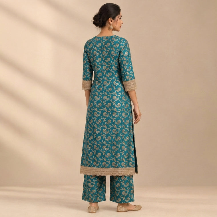 Saubhagya | Empress Teal Floral Jaal Brocade Kurta Set with Dupatta