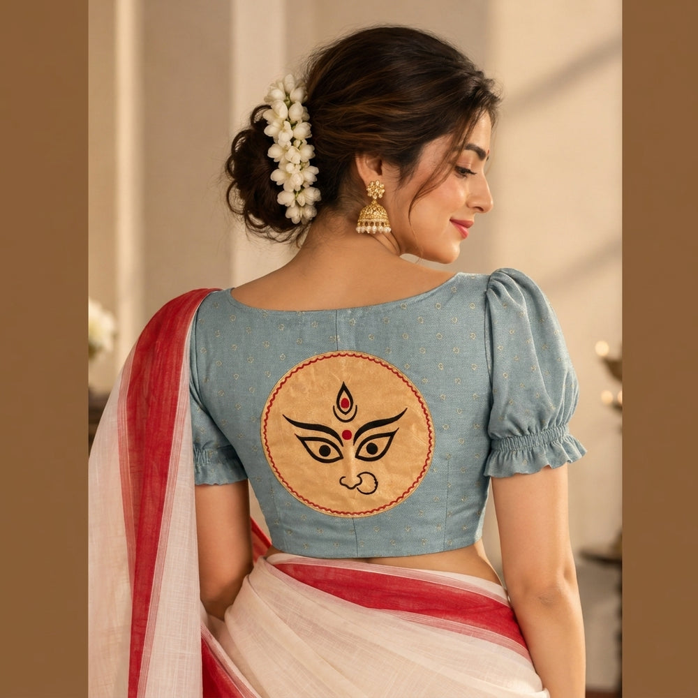 Durga | Puff Sleeve Embroidered Blue Green Foil Chandheri SculptFit™ Saree Blouse