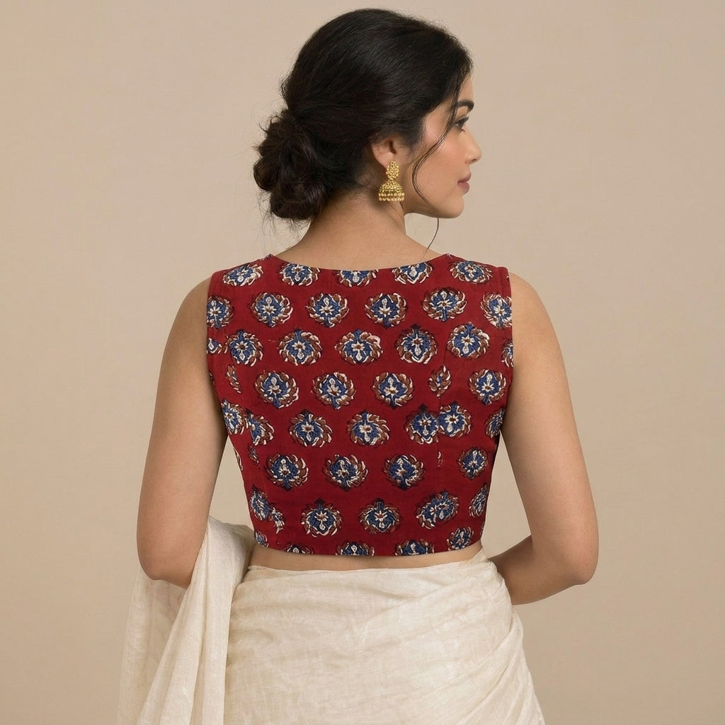 Madhvi Mood | 2-Way Zipper Sleeveless Crimson Field Handblock Printed Handblock Printed Cotton FlexiFitFit™ Saree Blouse