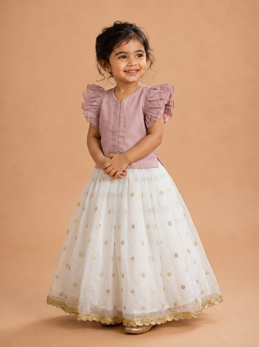 Gilheri x Tyohaar | Lavender & White Chandheri-Organza Ruffle Sleeve Lehenga Set
