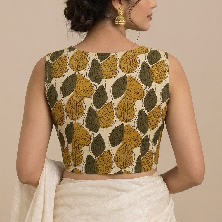 Madhvi Mood | 2-Way Zipper Sleeveless Olive Foliage Handblock Printed Handblock Printed Cotton FlexiFitFit™ Saree Blouse