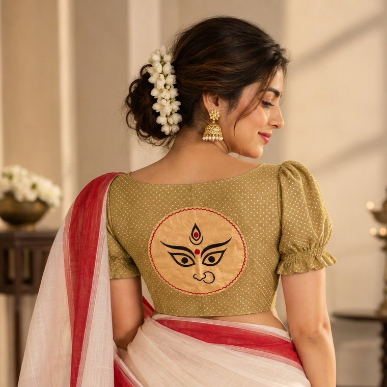 Durga | Puff Sleeve Embroidered Gold Foil Chandheri SculptFit™ Saree Blouse