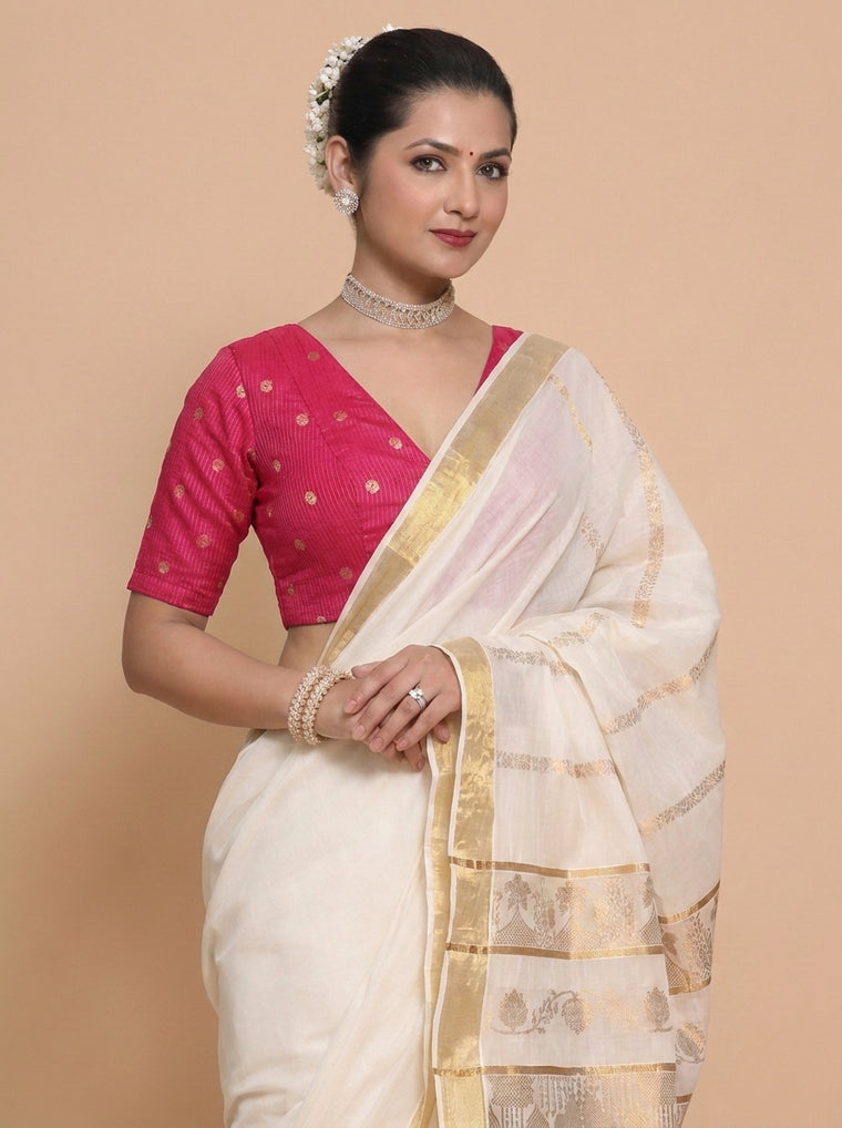 Madhura | Elbow Sleeve Rani Pink Striped Peacock Brocade FlexiFit™ Saree Blouse