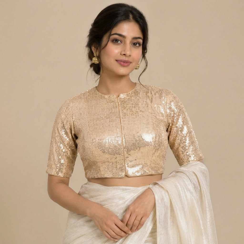 Nitara Mood | 2-Way Zipper Elbow-Sleeved Champagne Sequin FlexiFitFit™ Saree Blouse