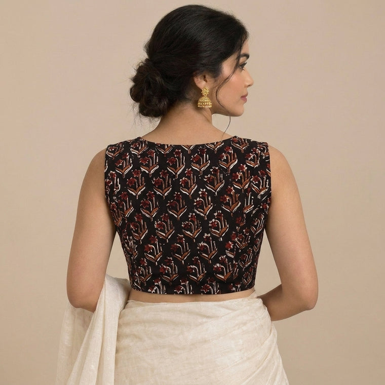 Madhvi Mood | 2-Way Zipper Sleeveless Midnight Lily Handblock Printed Handblock Printed Cotton FlexiFitFit™ Saree Blouse