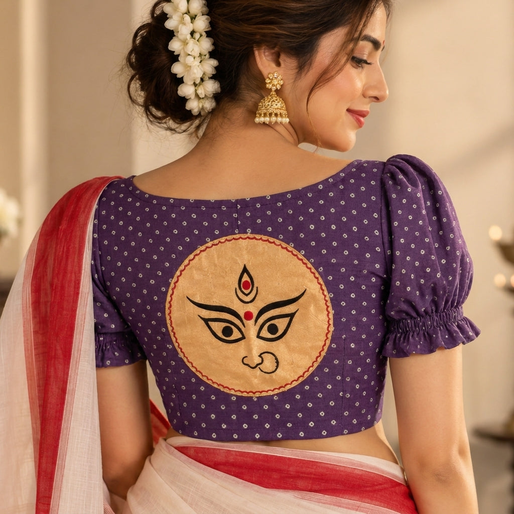 Durga | Puff Sleeve Embroidered Purple Foil Chandheri SculptFit™ Saree Blouse
