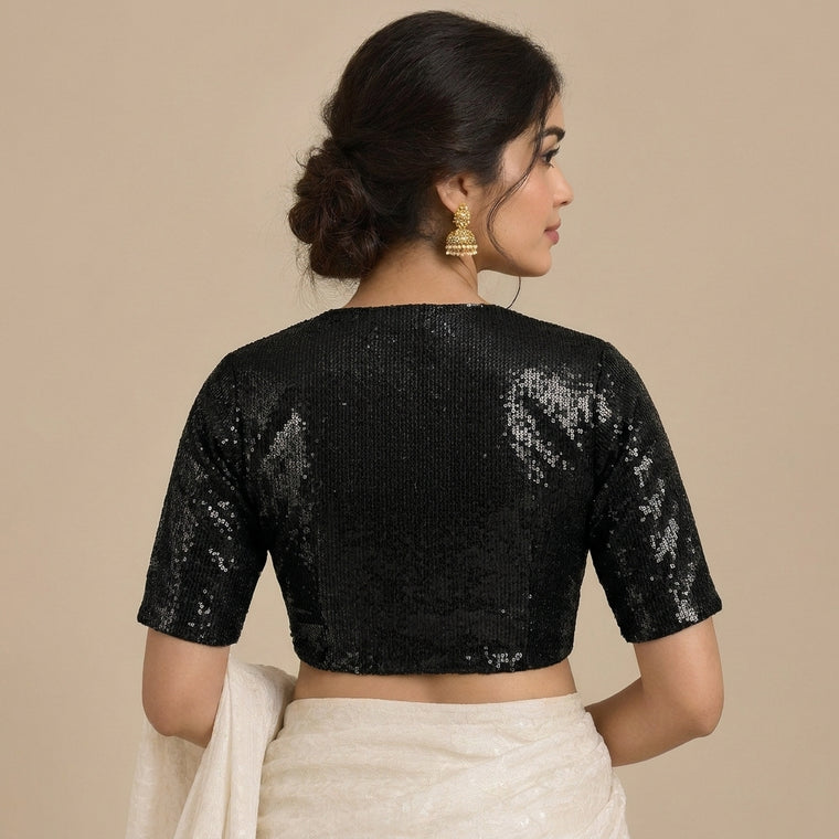 Nitara Mood | 2-Way Zipper Elbow-Sleeved Black Sequin FlexiFitFit™ Saree Blouse
