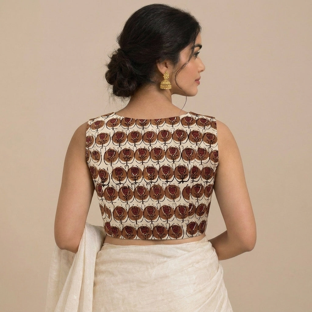 Madhvi Mood | 2-Way Zipper Sleeveless Cream Floral Handblock Printed Handblock Printed Cotton FlexiFitFit™ Saree Blouse