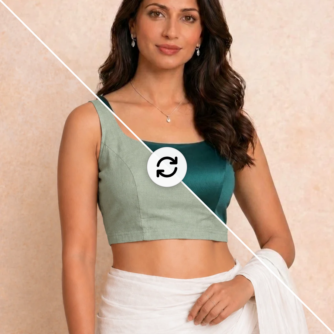 Mishka | Duet Reversible StretchFit Blouse | Forest Teal Satin Lycra + Sage Green Rayon Lycra