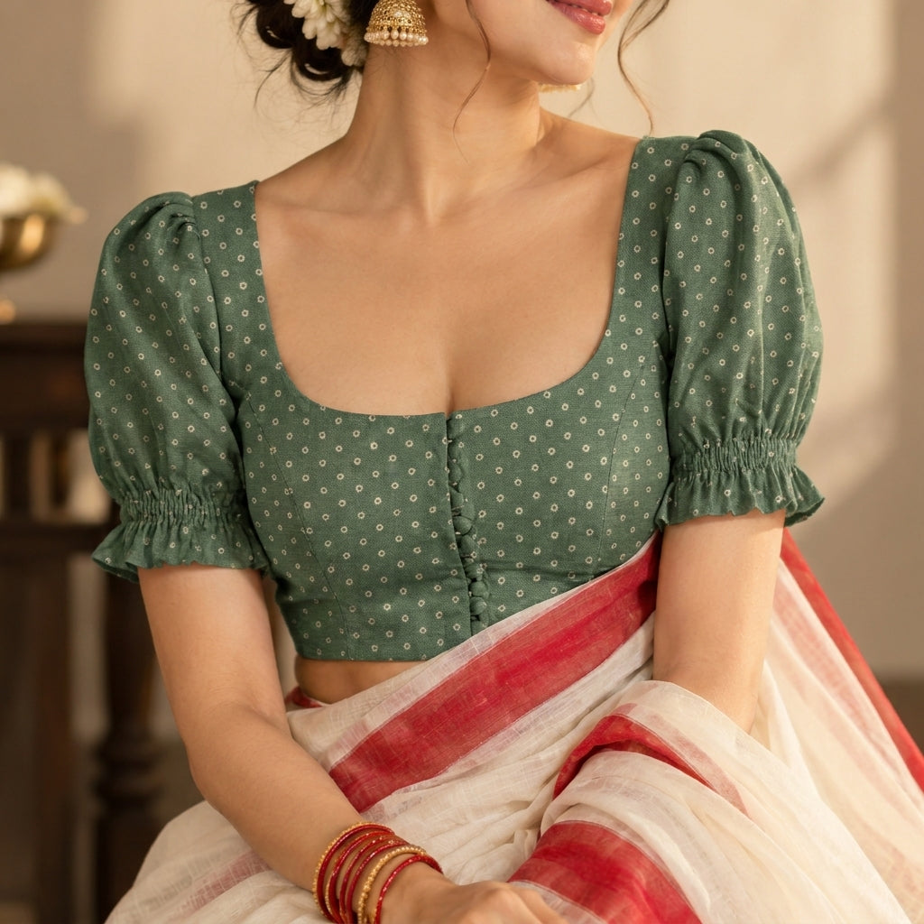 Durga | Puff Sleeve Embroidered Green Foil Chandheri SculptFit™ Saree Blouse