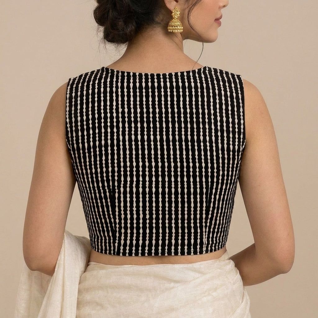 Madhvi Mood | 2-Way Zipper Sleeveless Earthy Black Stripes Handblock Printed Handblock Printed Cotton FlexiFitFit™ Saree Blouse