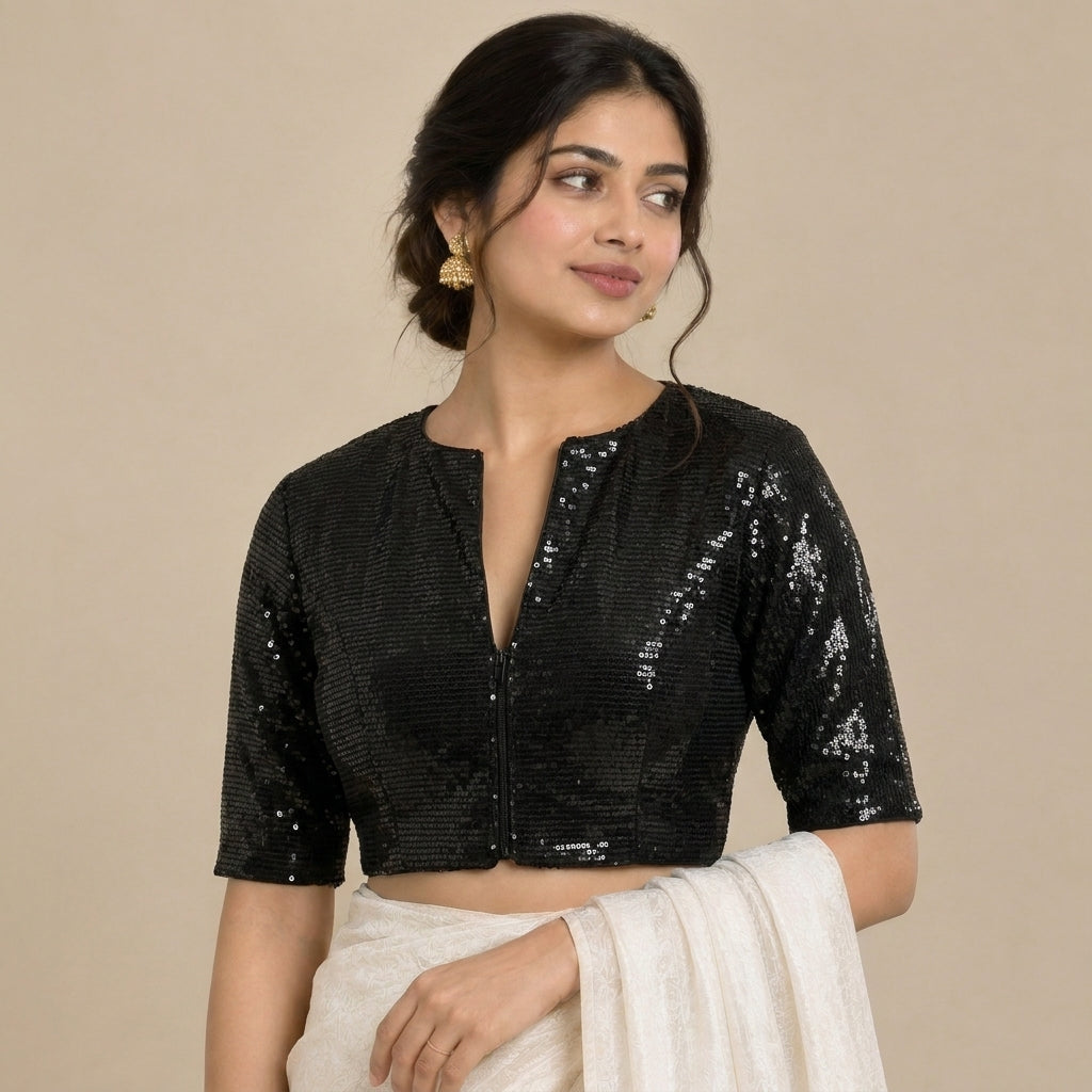 Nitara Mood | 2-Way Zipper Elbow-Sleeved Black Sequin FlexiFitFit™ Saree Blouse