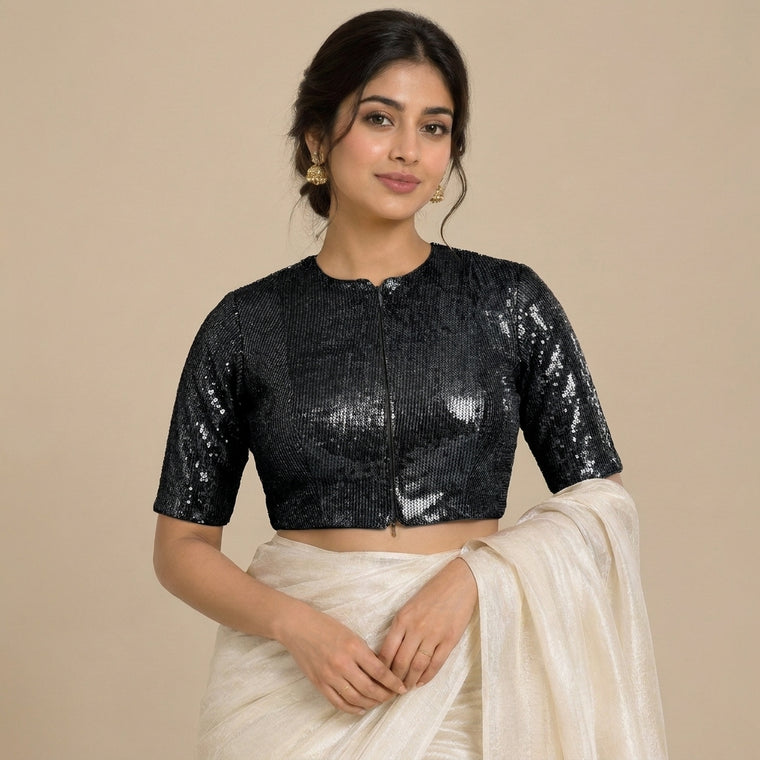 Nitara Mood | 2-Way Zipper Elbow-Sleeved Black Sequin FlexiFitFit™ Saree Blouse