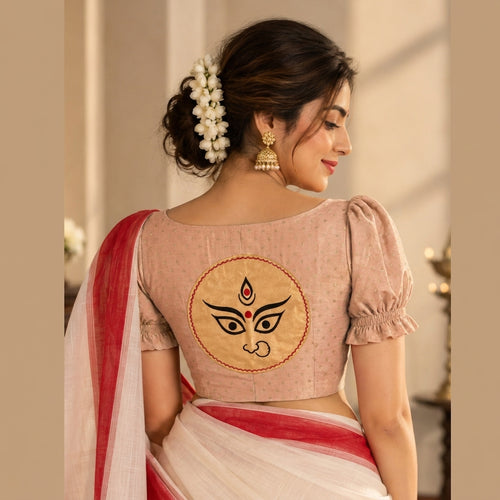 Durga | Puff Sleeve Embroidered Muted Copper Foil Chandheri SculptFit™ Saree Blouse