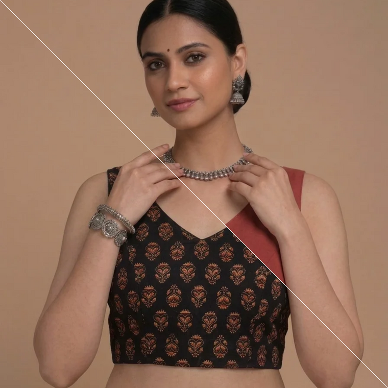 Ardha | Duet Reversible Blockprinted Black Peacock & Red Blockprinted Cotton CinchFit™ Saree Blouse