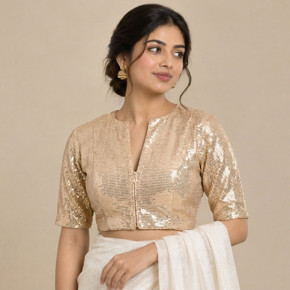 Nitara Mood | 2-Way Zipper Elbow-Sleeved Champagne Sequin FlexiFitFit™ Saree Blouse