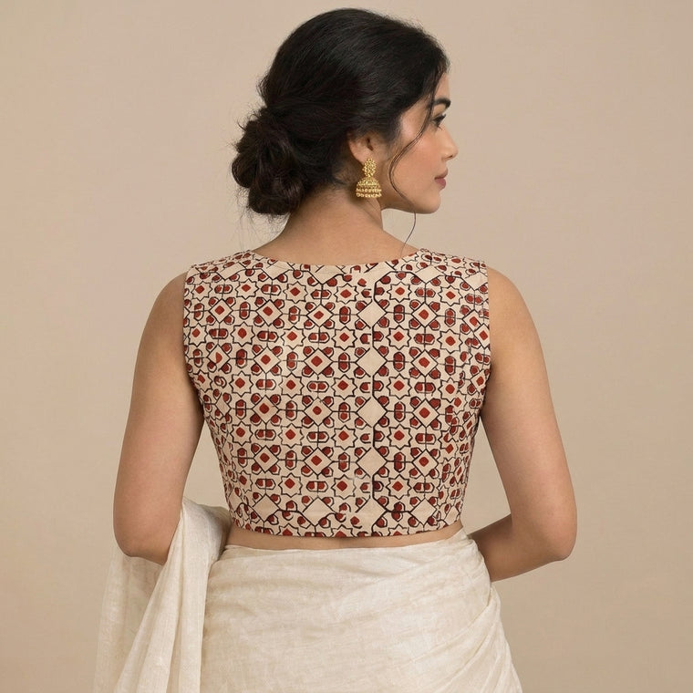 Madhvi Mood | 2-Way Zipper Sleeveless Cream & Red Geometric Handblock Printed Handblock Printed Cotton FlexiFitFit™ Saree Blouse