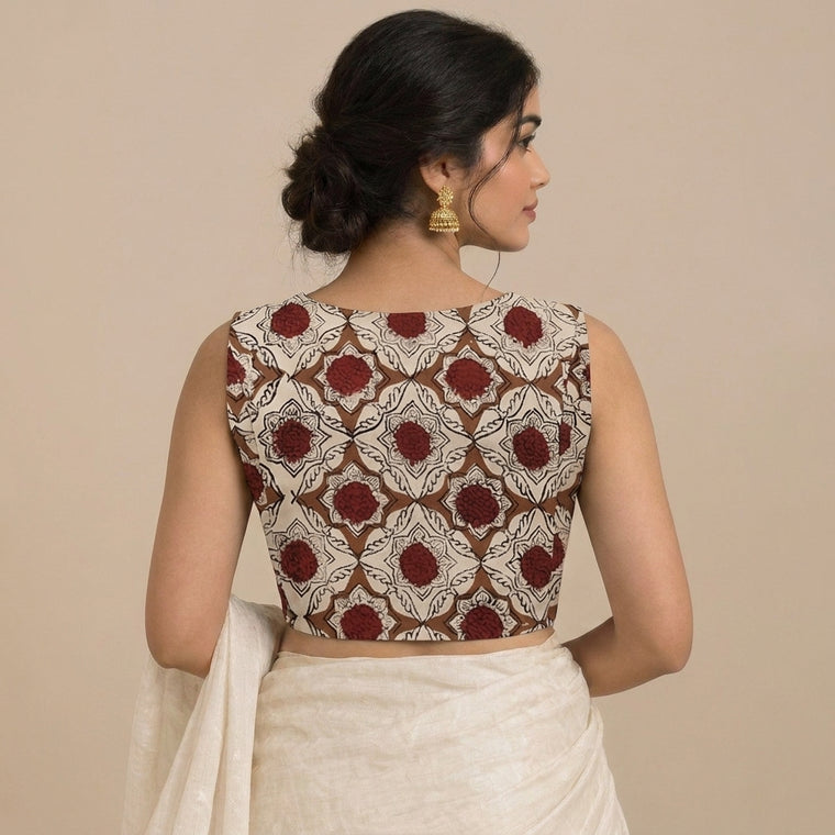 Madhvi Mood | 2-Way Zipper Sleeveless Red Dahlia Handblock Printed Handblock Printed Cotton FlexiFitFit™ Saree Blouse