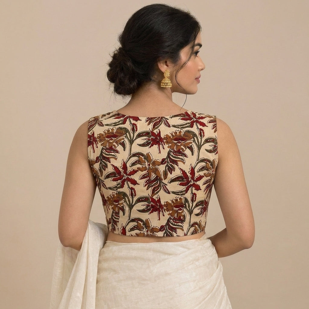 Madhvi Mood | 2-Way Zipper Sleeveless Cream Blossom Handblock Printed Handblock Printed Cotton FlexiFitFit™ Saree Blouse