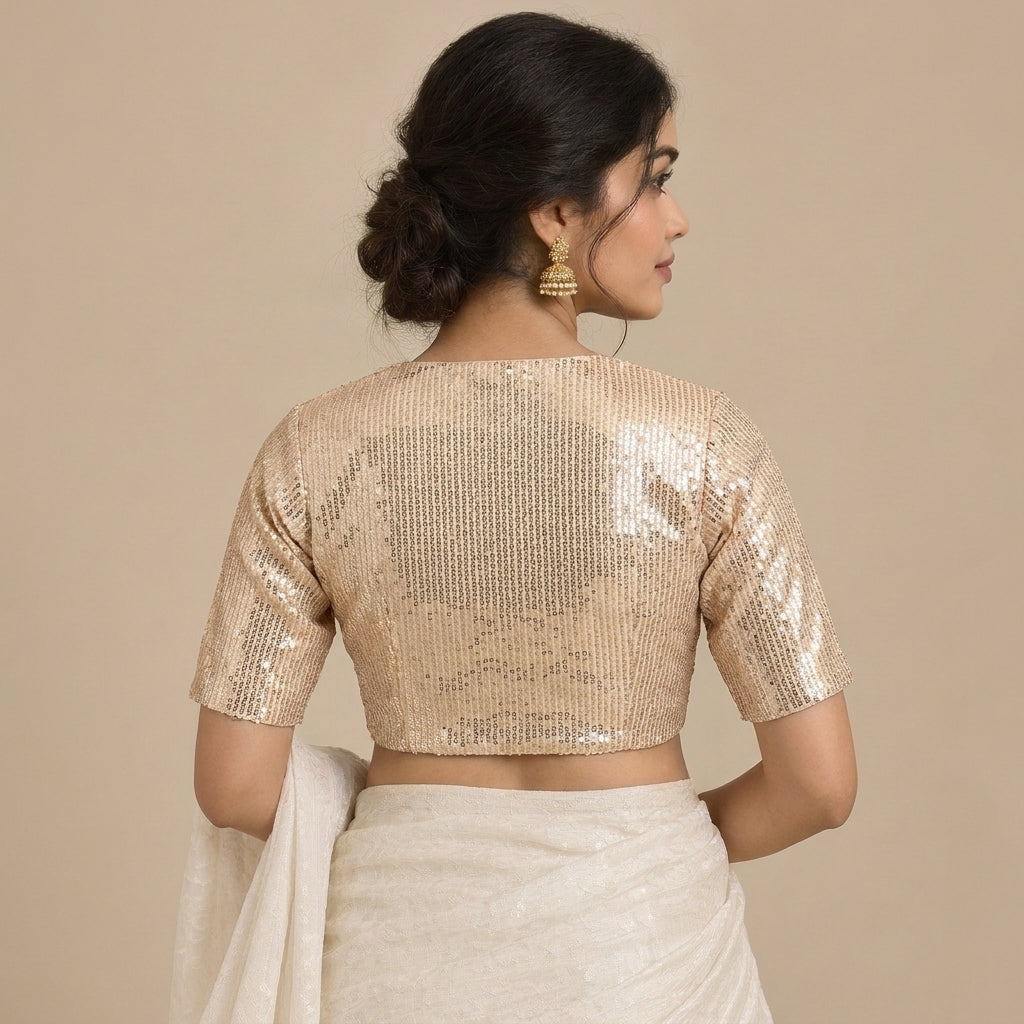 Nitara Mood | 2-Way Zipper Elbow-Sleeved Champagne Sequin FlexiFitFit™ Saree Blouse