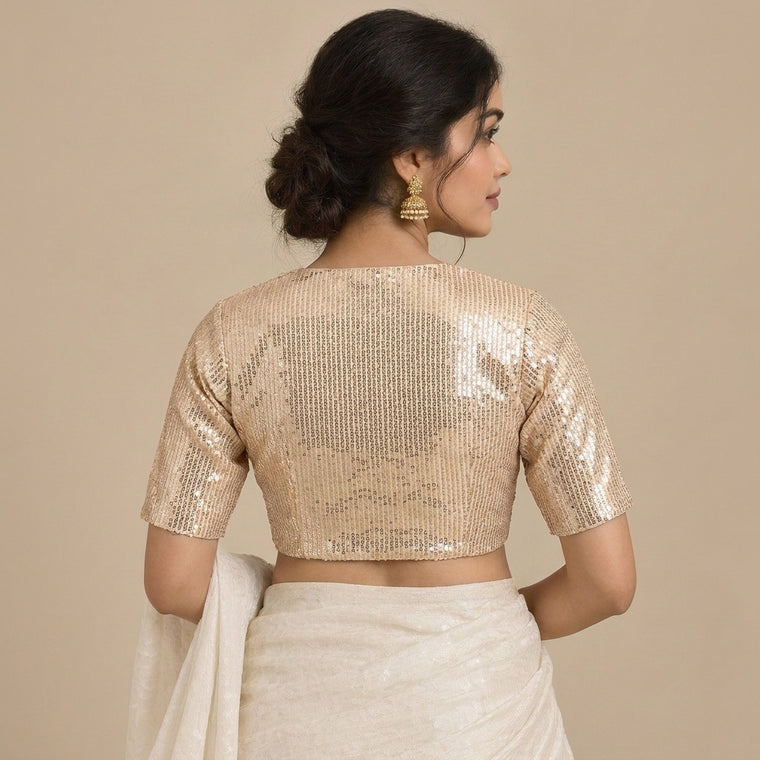 Nitara Mood | 2-Way Zipper Elbow-Sleeved Champagne Sequin FlexiFitFit™ Saree Blouse
