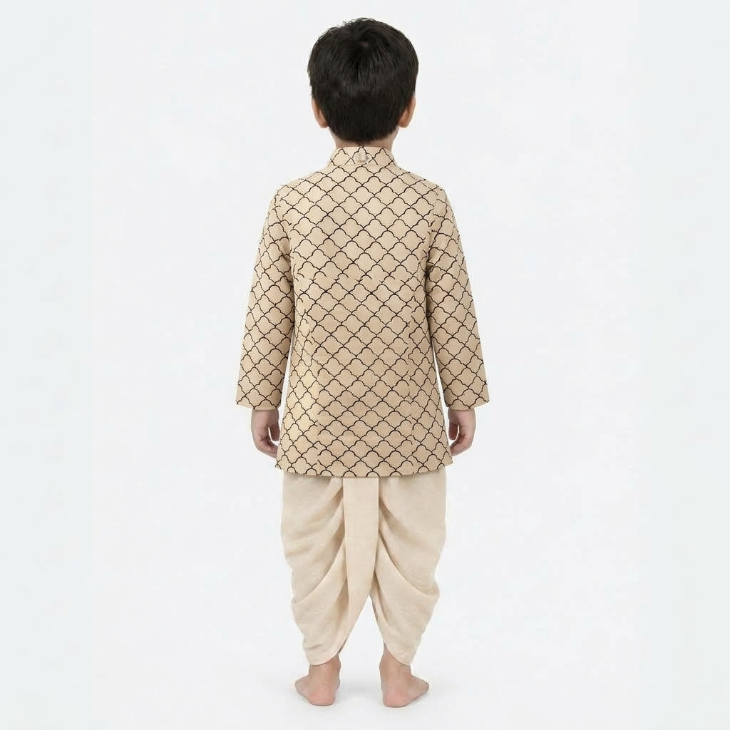 Riaan x Tyohaar | Kurta & Dhoti Pant Set in Cream Fishscale Block Print Cotton & Linen