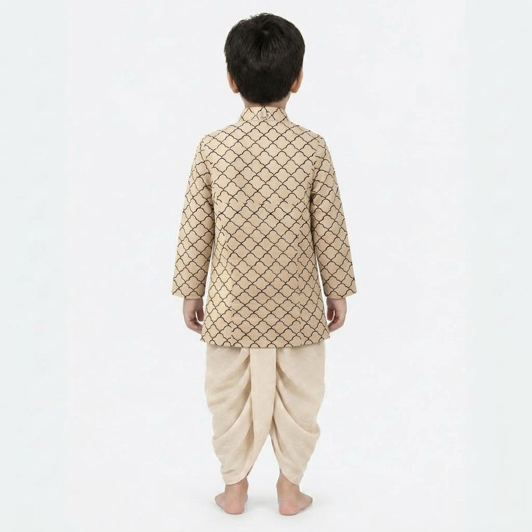 Riaan x Tyohaar | Kurta & Dhoti Pant Set in Cream Fishscale Block Print Cotton & Linen