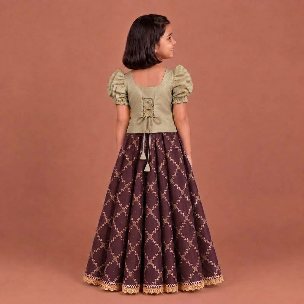 Timtim x Tyohaar | Oyster Grey & Burgundy Chandheri-Brocade Ruffle Sleeve Lehenga Set
