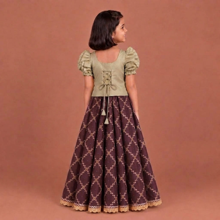 Timtim x Tyohaar | Oyster Grey & Burgundy Chandheri-Brocade Ruffle Sleeve Lehenga Set